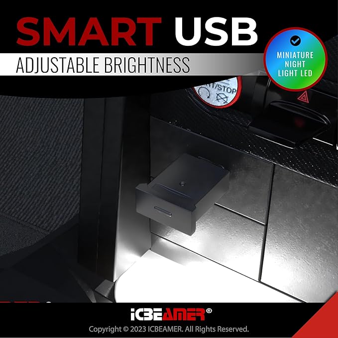 ICBEAMER Mini Smart USB Type-A 2-Pack (White) | LED Night Light for Car Interior, Trunk, Center Console, Easy Plug-in, Perfect for Ambient Atmosphere in Vehicles