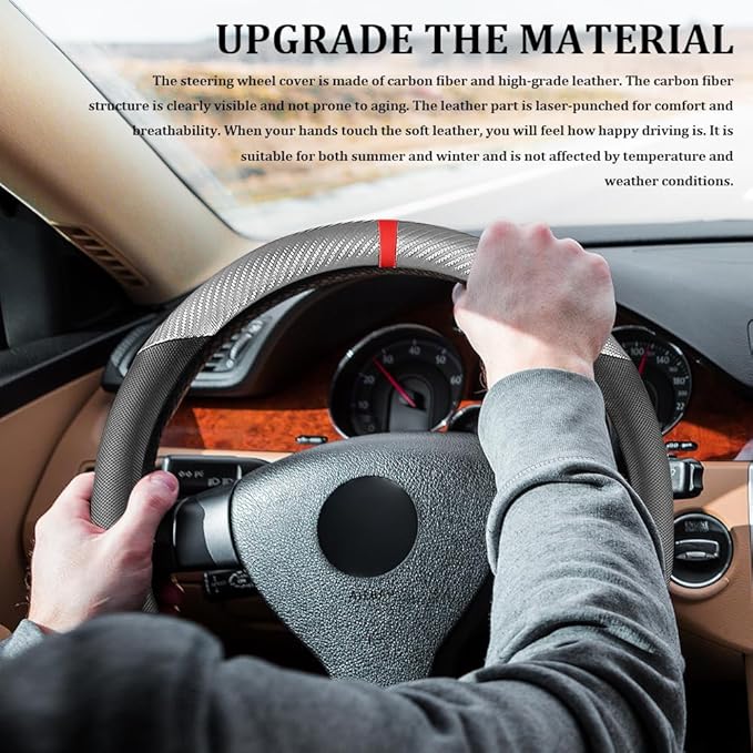 Car Steering Wheel Cover, Steering Wheel Accessories, 15 Inch Microfiber Leather Carbon Fiber Soft Anti-Slip Breathable, Car Accessories Elastic Non-Slip Cover for Most Vehicles (Gray Silver)