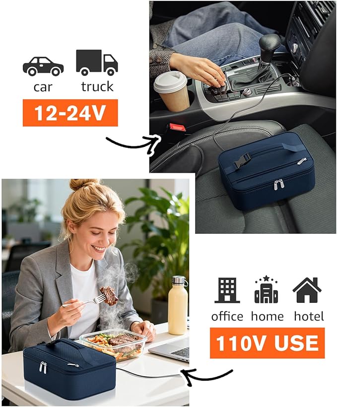 Portable Food Warmer - Heated Lunch Box for Adluts - Electric Thermal Lunch Bag with Buckle Handle, Heating Food Warmer Bags for 12V/24V Car & Truck, 110V/220V Home/Office, Navy Blue