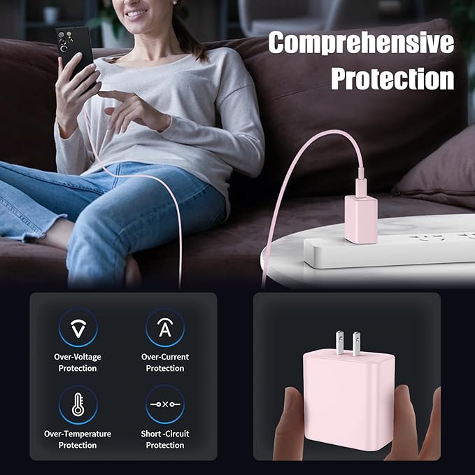 3Pack USB C Charger for Samsung Galaxy S24 Ultra, Super Quite Fast Charging Type C Block with 6FT C to C Cord for Samsung Galaxy Tab S9 S8 S23 Ultra S22 Ultra S23 S22 S21 Note 10 Plus 20,Pink