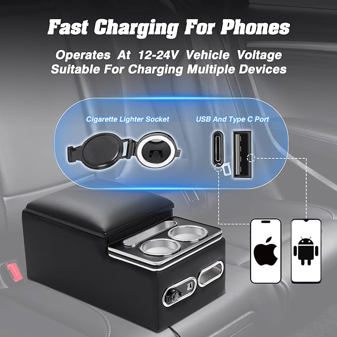 Upgraded Bench Seat Center Console with Extra Large Cup Holder & Phone Holder, Universal Center Console with USB Charging, Central Console for Bench Seat of Truck & Van & Car