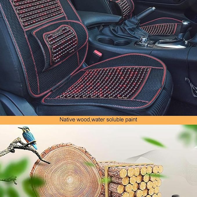 Blueshyhall Natural Massaging Car Seat Cover, Wooden Beaded Car Driver Seat Cushion (Black & Red)