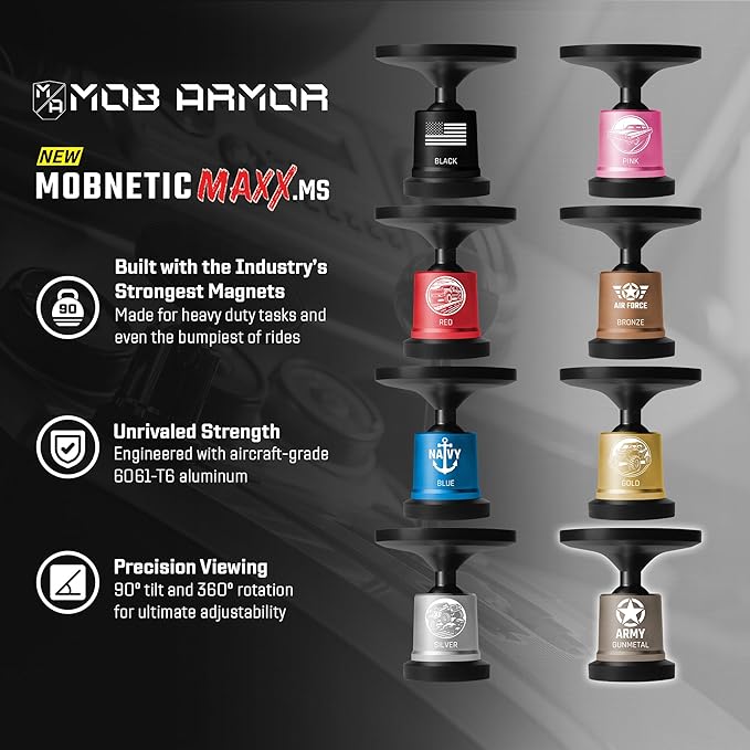 Mob Armor MobNetic Maxx MS - Customized MagSafe Compatible Magnetic Phone Holder for Car, Personalized Phone Mount Made w/Heavy Duty Aluminum Metal, Works w/iPhones & Androids - Gun Metal