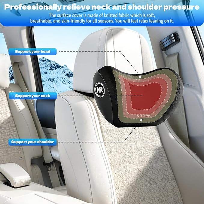 Car Neck Pillow & Headrest Support for Driving - Memory Foam Neck Support Pillow with Adjustable Strap & Removable Cover, Office Chair, Travel Essentials - 2 Pack (Black)