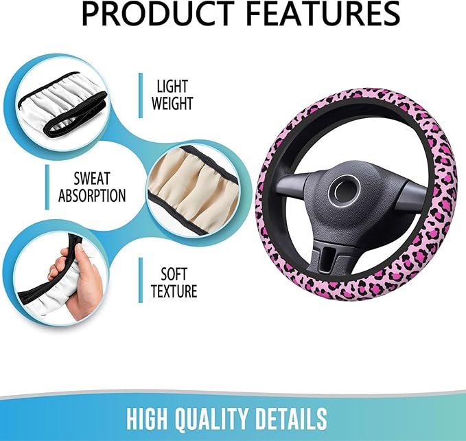 Elastic Steering Wheel Cover Car Accessories Cute Universal 15 Inch Absorbing Sweat Non-Slip Breathable for Woman - Pink Leopard Printed