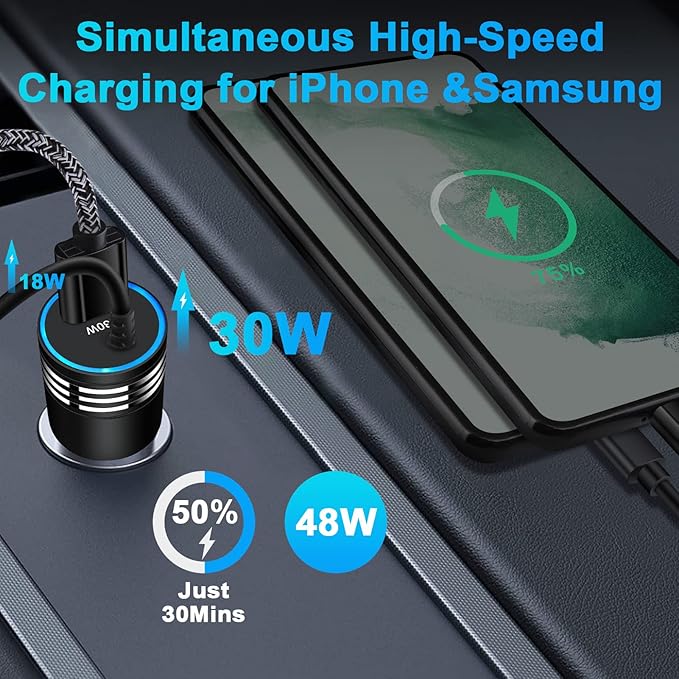 for iPhone 17e/17/16/15 Car Charger,48W PD+QC USB C Fast Car Charger Cigarette Lighter Adapter with 30W Built-in Coiled Type C Fast Charging Cable for iPhone 17e 17 Pro Max Air 16e 16 Pro Max 16 Plus