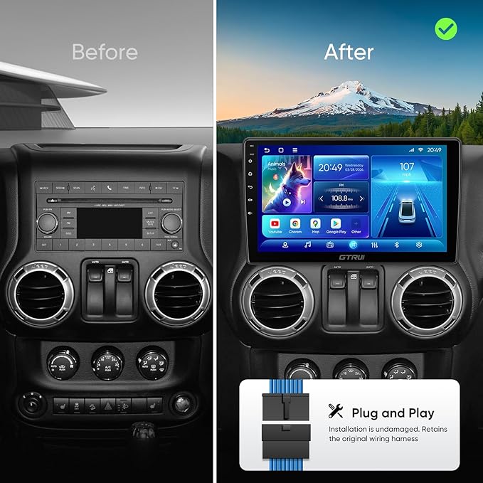 8-Core 4+64GB Android Car Stereo for Jeep Wrangler JK/Unlimited (2007-2018), Dodge Ram Grand Cherokee,Wireless CarPlay/Android Auto GPS BT WiFi Rear Camera 10.1" QLED
