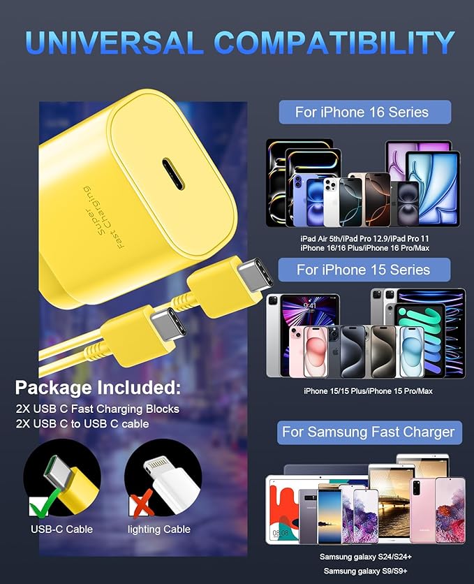 Phone 17 16 15 Charger Fast Charging,30W USB C Phone 17 16 15 Pro Max Charger Block &10FT Long Type C Cable Cord for i.Phone 17/Air/17 Pro/17 Pro Max/16/16 Plus/16 Pro/16 Pro Max/15/15 Pro Max,Yellow