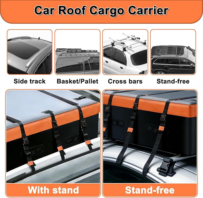 21 Cubic Car Roof Bag Heavy Duty, Waterproof Cargo Carrier Bag for All Cars with/Without Rack, Premium Car Roof Cargo Carrier with Anti-Slip Mat, 6 Door Hooks, Luggage Lock