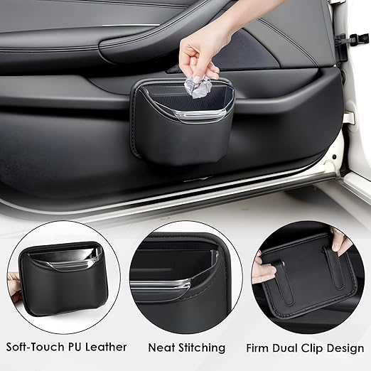 PIFOOG Small Car Trash Can for Side Door Back Seat Leather Leakproof Removable Liner Clip On Automotive Garbage Bin Compact Auto Trashcan Multipurpose Storage Organizer Container 0.22 Gal