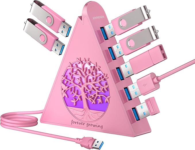 7-Port USB 3.0 Hub, RGB USB Hub with RGB Tree Light and 2ft Cable, USB Hub 3.0 Pink USB Expander for Laptop, PC, Flash Drive, HDD, Console, Printer, Keyboard, Mouse (Pink)