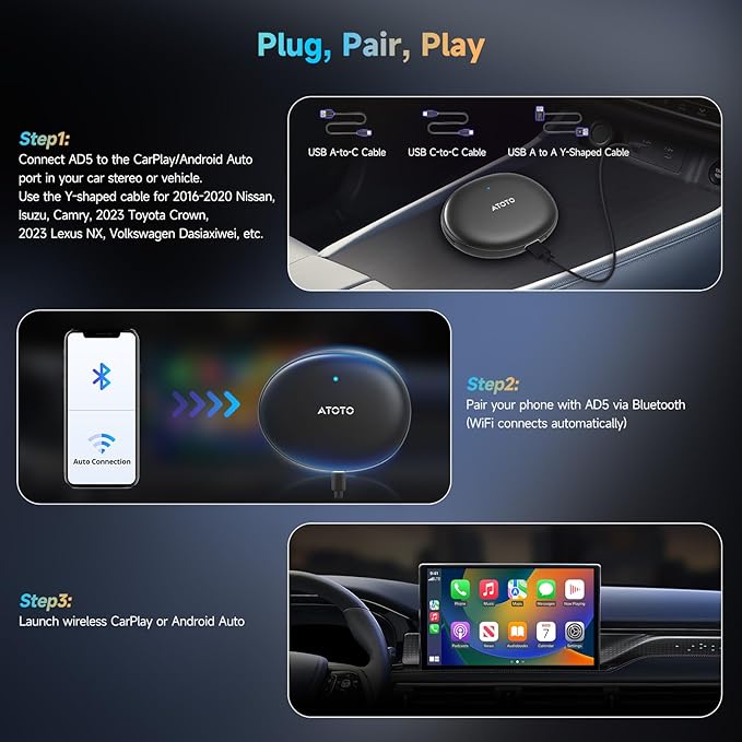 ATOTOZONE AD5 Wireless CarPlay Adapter & Android Auto Wireless Adapter, 2025 Upgrade Plug & Play AI Box CarPlay, Smart Box Compatible with YouTube, Dual Wi-Fi, ChatGPT
