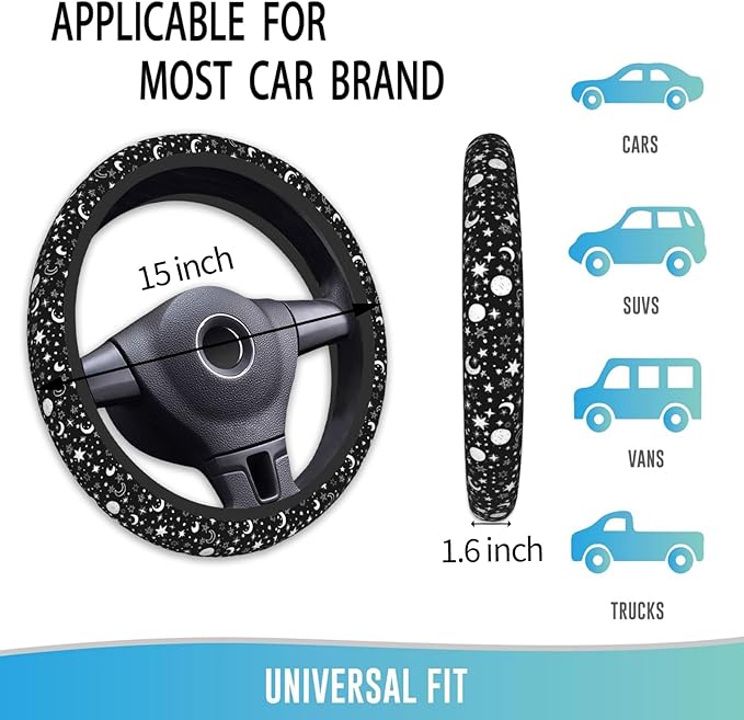 Elastic Steering Wheel Cover Car Accessories Cute Universal 15 Inch Absorbing Sweat Non-Slip Breathable for Man Woman - Moon and Star