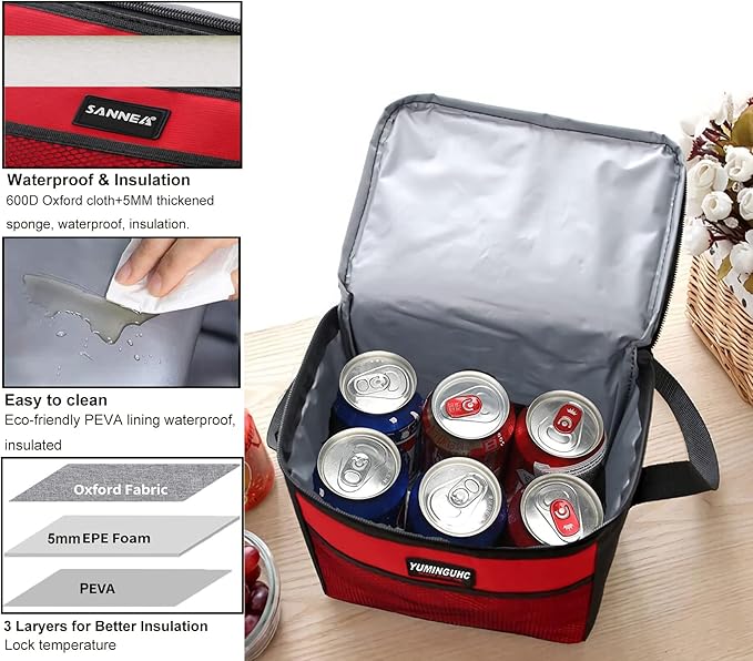 6 Can/5L Lunch Bag for Women Men Portable Lunch Box Small Cooler Bag Soft Collapsible Reusable Insulated Lunch Tote for Everyday Work Travel (Red)