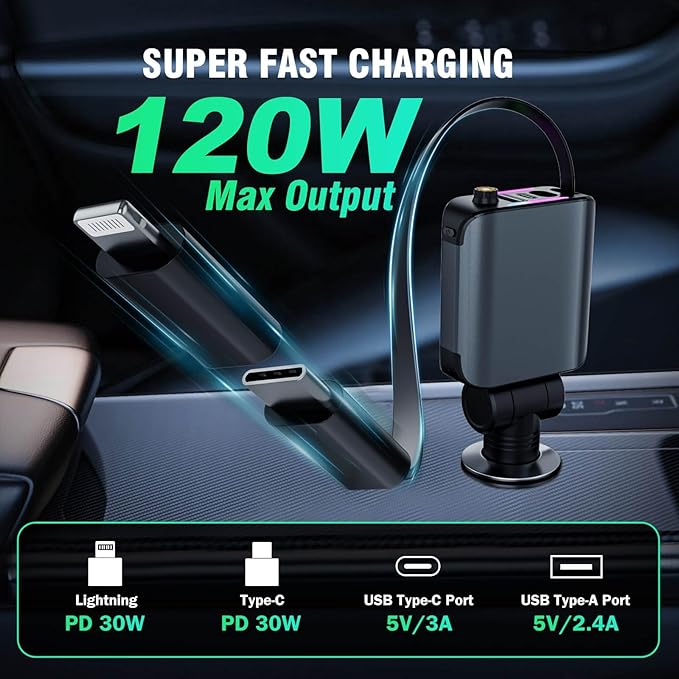 Retractable Car Charger with Starlight, 4 in 1 [120W] USB C for iPhone and Android Car Charger Fast Charging, Compatible with iPhone 16/15/14/13/12/11, Valentines Gifts for Women Men (Dark Grey)