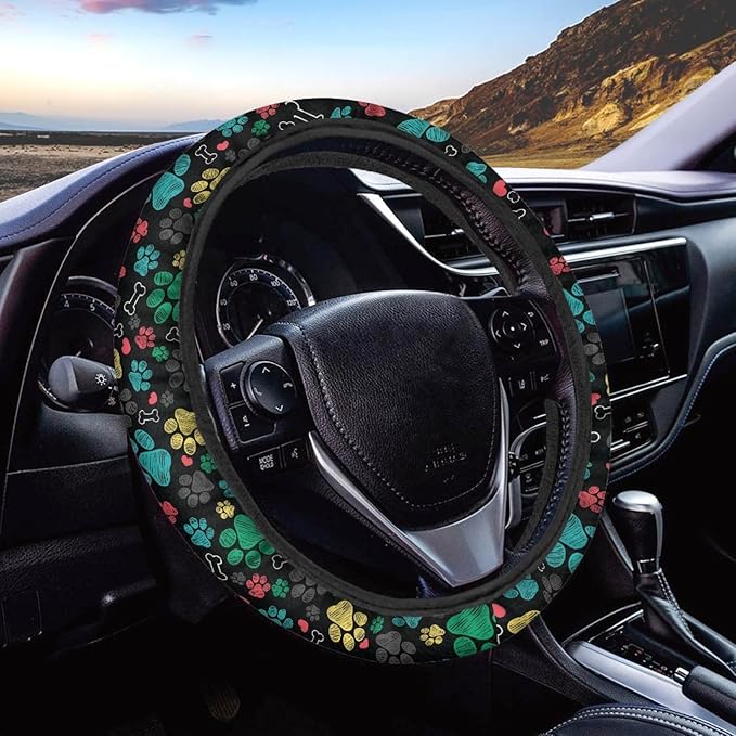 AFPANQZ Puppy Paws Print Steering Wheel Protection Stretch-on Fabric Machine Washable Women Men Neoprene Automotive Steering Wheel Covers Sweat Absorption Comfort Grip for Driver Black Colorful