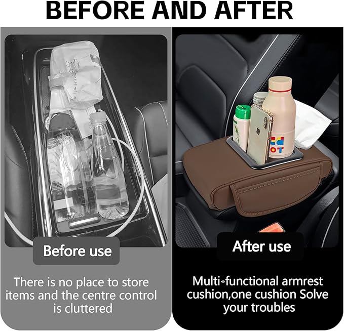 wuyaoyao Car Center Console Cover, 13.39"×8.27"×3.15" Leather Car Armrest Cover with Pocket & Tissue Box & Cup Holder, Multifunctional Auto Armrest Cushion Pad, Universal Car Accessories (Brown)