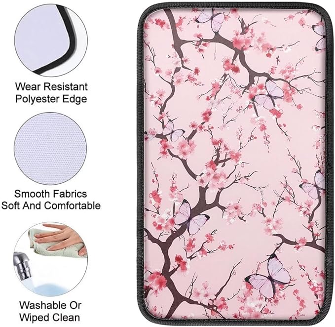 Pink Cherry Blossom Thin Car Armrest Pads Auto Armrest Box Cover Comfortable Middle Storage Organizer Pad Universal Style Car Accessories Decor