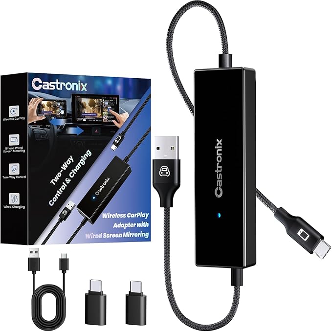 4-in-1 Wireless CarPlay Adapter for iPhone 15/16/17 & Newer, Wired Video Streaming, Screen Mirroring, Two-Way Control & Charging, Plug & Play for Factory Wired CarPlay (Black)