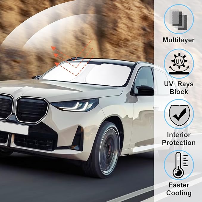 Windshield Sun Shade Custom Fit for 2025 2026 BMW X3 Accessories Foldable Sunshade Sun Blocker Protect Car from Sun Rays & Heat Damage Keep Car Cooler