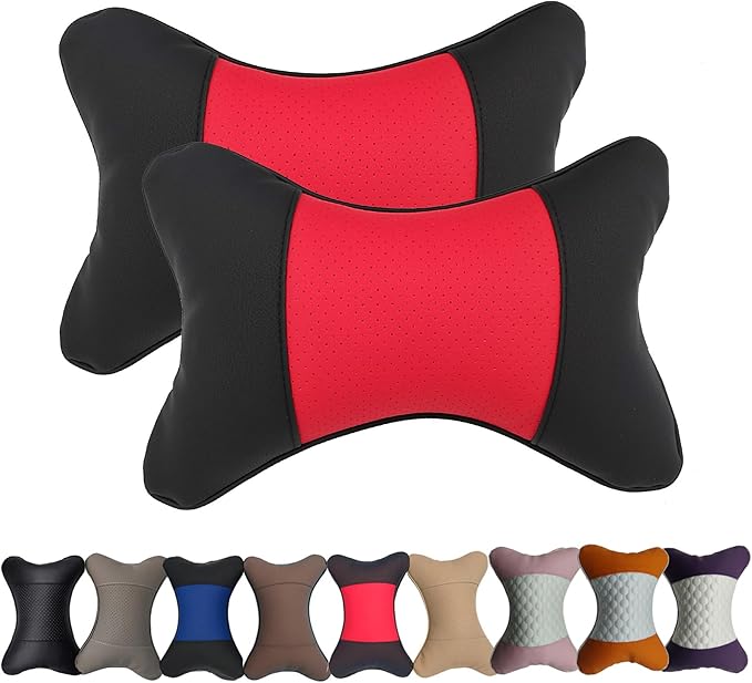 Car Neck Pillows Both Side Pu Leather 2pieces Pack Headrest Fit for Most Cars Filled Fiber Universal Car Pillow (Black&Red)