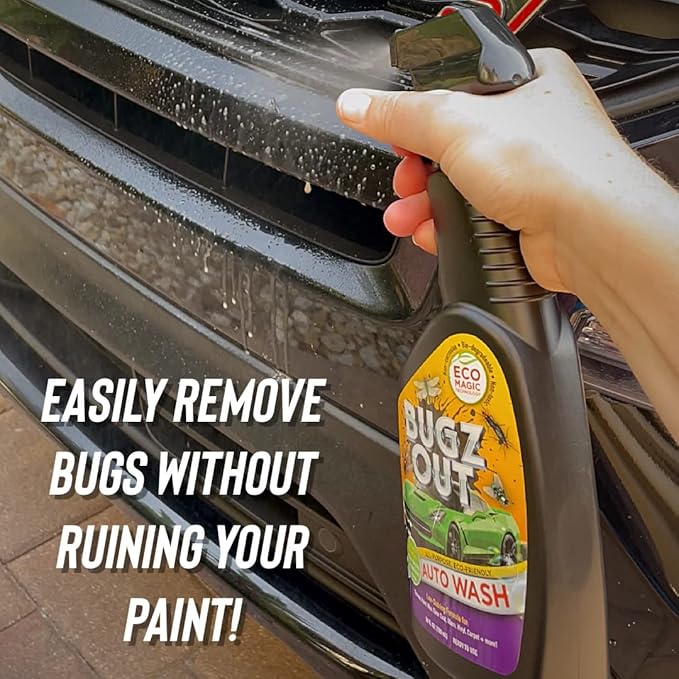 Bugz Out Car Bug Cleaner, Remover & Wash - Spray Bugs, Tar, Bird Poop Off Exterior of Car & Windshield. Remove Black Streaks Without Scratching or Removing Paint. 24 oz bottle w/ Microfiber Cloth