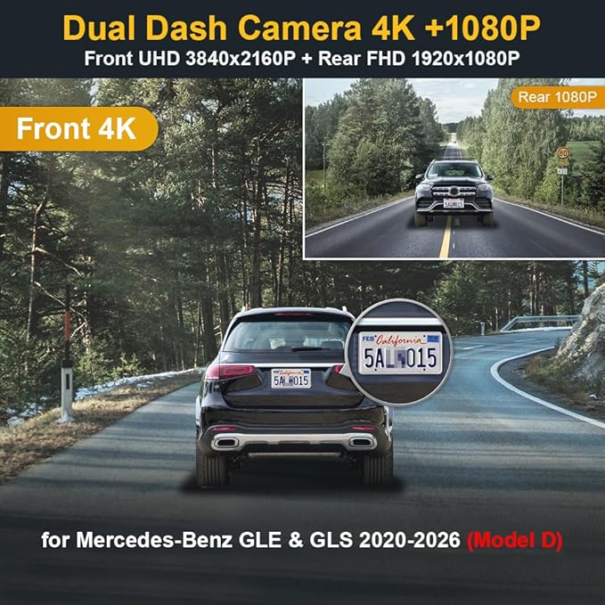 Fitcamx Front 4K+Rear 1080P Dash Cam for 2020-2026 Mercedes-Benz GLE GLS (Model D) Compare Cover Shape, OEM Style, 2 Way HD Video, WiFi & APP, G-Sensor, Loop Recording, Easy to Use, 128GB Card