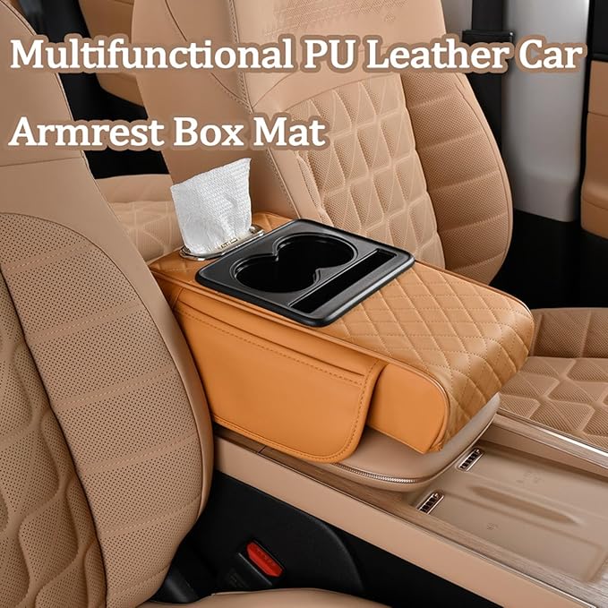 Multifunctional Pu Leather Car Armrest Box Mat, 5-In-1Multifunctional Car Armrest Cushion, Car Arm Rest Cover Pad, Center Console Organizer with Cup Holder, Tissue Box & Phone Slot (Black)