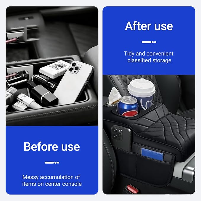 Upgraded Car Center Console Cover,PU Leather Car Armrest Cover Cushion Contains High Elasticity Sponge with 2 Storage Bags Tissue Box (Black-A)