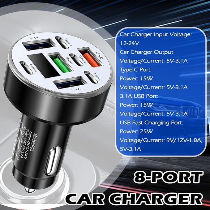 8 Port Type-C & USB Car Charger Adapter with 25W Fast Charging,12/24V Car Cigarette Lighter USB Charger with Voltage Display & Flexible Light,Upgraded Fast Cars Chargers