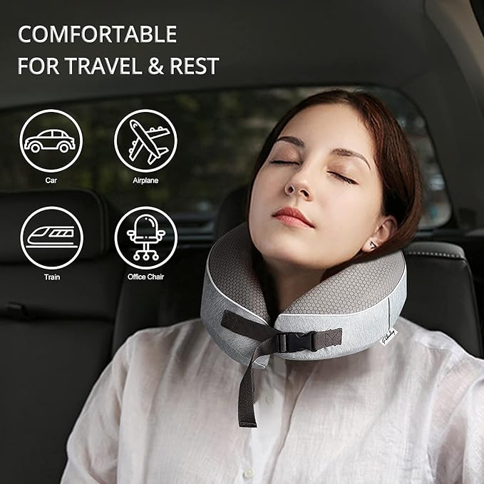 Travel Pillow for Airplane Memory Foam - Neck Support Travel Pillows for Sleeping, Traveling, Car, Home - Adult Flight Pillow Kit with Sleep Mask, Earplugs, Breathable Cover Machine Washable, Gray