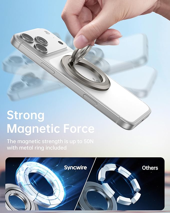 SYNCWIRE for MagSafe Ring Phone Holder, 360° Rotation Magnetic Cell Phone Grip Dual-Sided Magnets Phone Ring Kickstand Compatible with iPhone 17 16 15 14 13 12 Pro Max MagSafe, Android, Samsung etc.