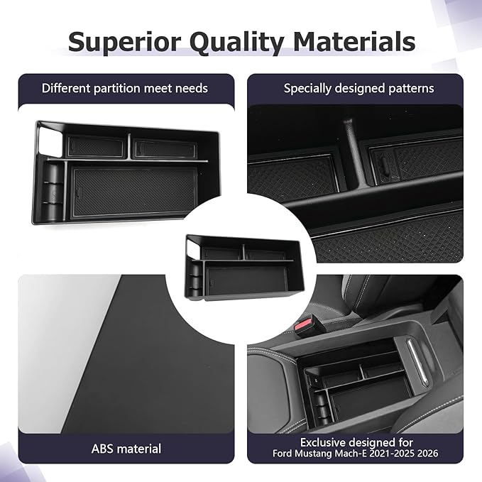 LUWU 2024 Mustang Mach E Center Console Organizer for 2021-2024 Ford Mustang Mach E Select/Premium/GT Accessories Armrest Console Storage Box Glove Organizer Tray ABS Material (Black)