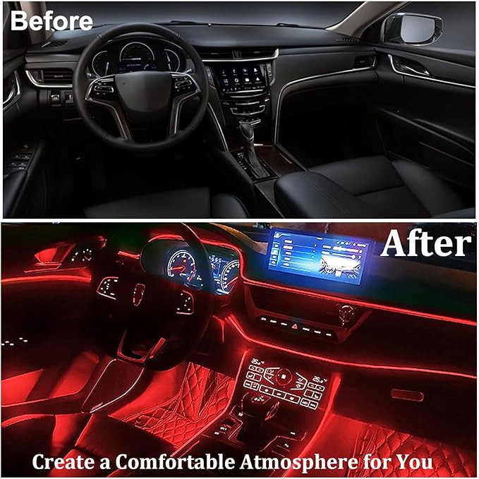 YUGUANG Interior Car Lights Strip APP Control, 5 in 1 Multicolor Music Sync RGB LED Car Ambient Lighting Kit with 236 inches Fiber Optic