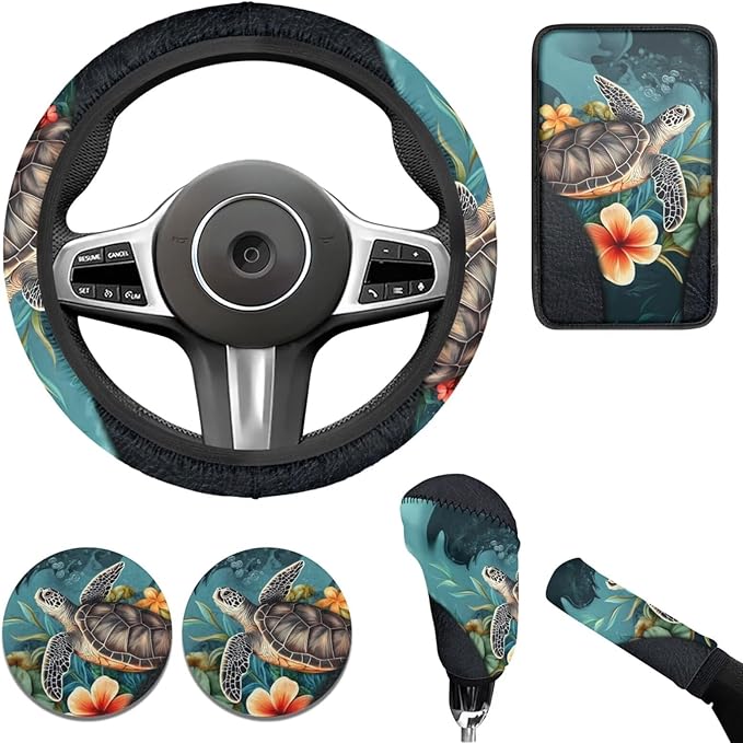 Blue Sea Turtle 6pcs Car Steering Wheel Cover Set for Men Women Auto Interior Accessories Cup Holder Armrest Pad Seatbelt Cushion Fit for SUV Truck Vans