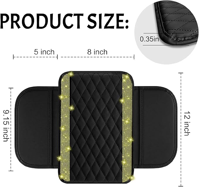 NBTEPEM Bling Car Center Console Cover, Leather Car Arm Rest Cover Cushion with 2 Storage Bags, Universal Auto Armrest Protector Storage Box, Bling Accessories Interior for Most Vehicles (Yellow)
