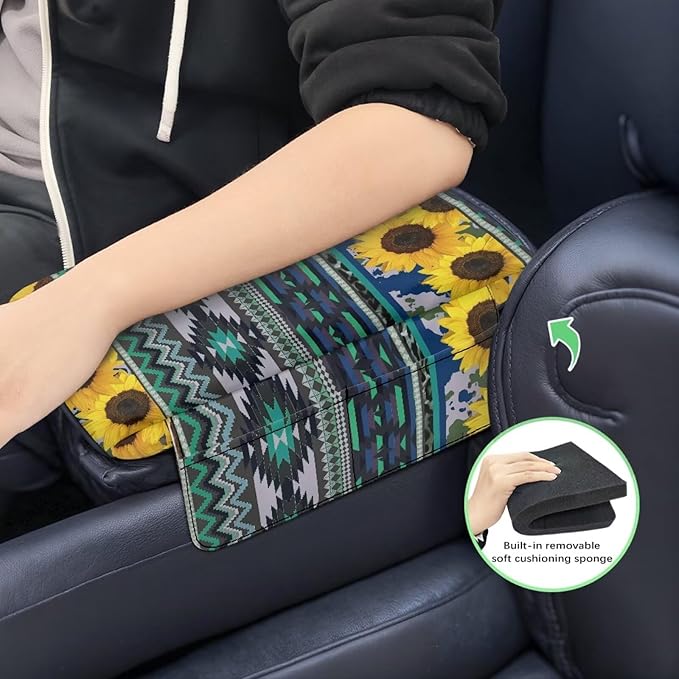 Tupalatus Aztec Center Console Cover Car Accessories Sunflowers Decor Comfort Armrest Cover Non-Slip Auto Console Cushion Pad with Pockets Fit for Most Vehicle, SUV, Truck