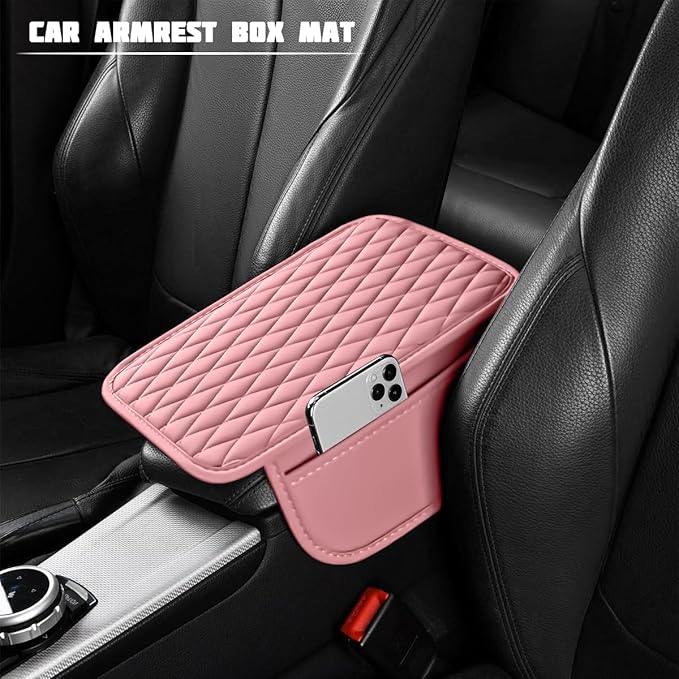 Car Armrest Cushion Pad, Leather Vehicle Center Console Cover with 2 Storage Bags, Non-Slip Automotive Interior Arm Rest Seat Box Cover Accessories, Universal for SUV RV Sedan (Pink)