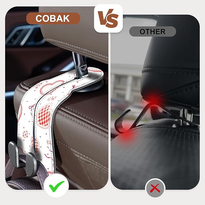 CoBak Purse Hook for Car - Universal Premium Stitched Leather and Aluminum-Magnesium Alloy Double Car Seat Back Storage Hook for Purses, Handbags, Bags (2 Pack),Heart Thread