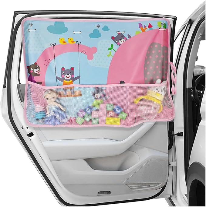 Car Window Shade for Baby, Blackout Car Window Curtain with Storage Pockets & 7 Suction Cups, Cartoon Pattern Cars Side Window Sun Shade Cover for Sun/Heat/UV Rays Protection (Pink-Elephant)
