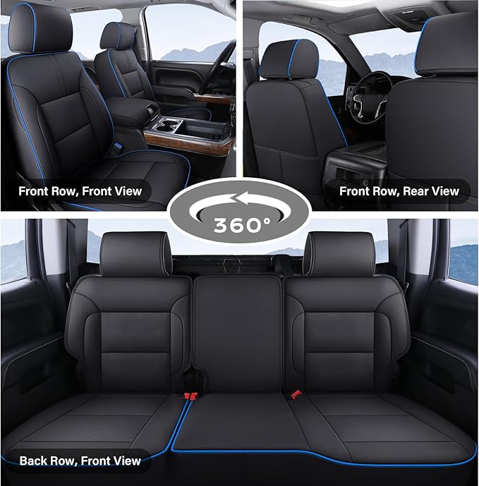 Coverado Chevy Silverado Seat Covers Full Set, Faux Leather Car Seat Covers Fit for 2014-2018 1500, 2015-2019 2500HD 3500HD Chevy Silverado GMC Sierra Crew Double Extended Cab(Blueline)