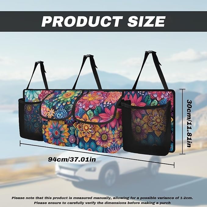 Hippie Boho Floral Blossoms Car Trunk Organizer Hanging Cargo Storage Bag for Grocery Cargo Organizer with 4 Compartments