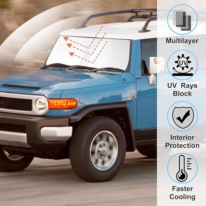 Windshield Sun Shade Custom Fit for 2007-2014 Toyota FJ Cruiser Sport Utility Accessories Foldable Sunshade Sun Blocker Protect Car from Sun Rays & Heat Damage Keep Car Cooler