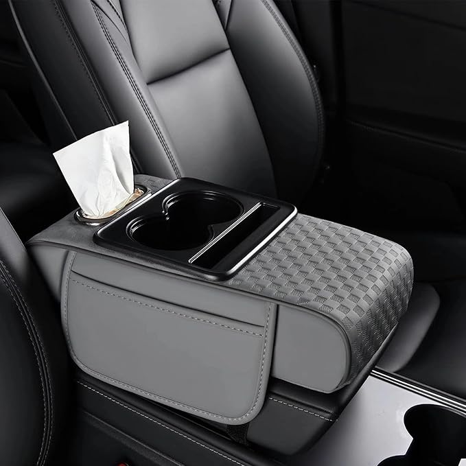 Center Console Cover,Car Armrest Cushion Multifunctional with 2 Storage Bags Cup Holder,Phone Slot,Tissue Box Slot for Most Cars Accessories Interior Organizers-Gray 13.8x7.9 in