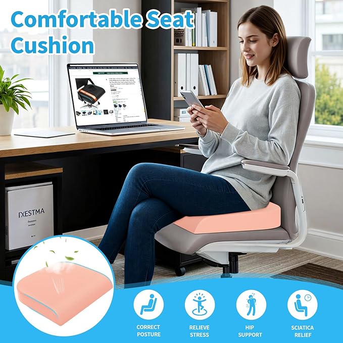 Large Seat Cushion, Memory Foam Cushion for Long Sitting Hours on Office Chair, Home & Car, Non-Slip Chair Pad for Relieving Back & Sciatica & Hip & Coccyx Pain (Pink)