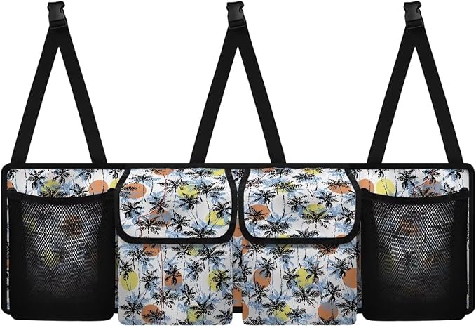 Palm Print Trunk Hanging Organizer, Backseat Bag, Car Interior Accessories with 2 Pockets & 2 Mesh Pouches for Groceries, Will Provide More Storage Trunk Space for SUV, Jeep, MPVs