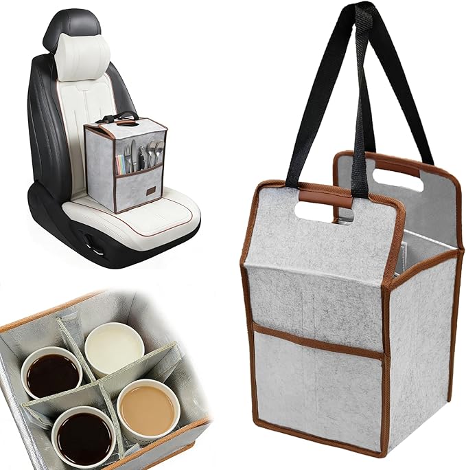 4 Cup Drink Carrier with Handle, Reusable Insulated Cooler Drink Caddy for Car Cup Holder, Foldable Coffee Carrier Bag with Adjustable Dividers, Portable for Car, Travel, Picnic Party, Food Delivery