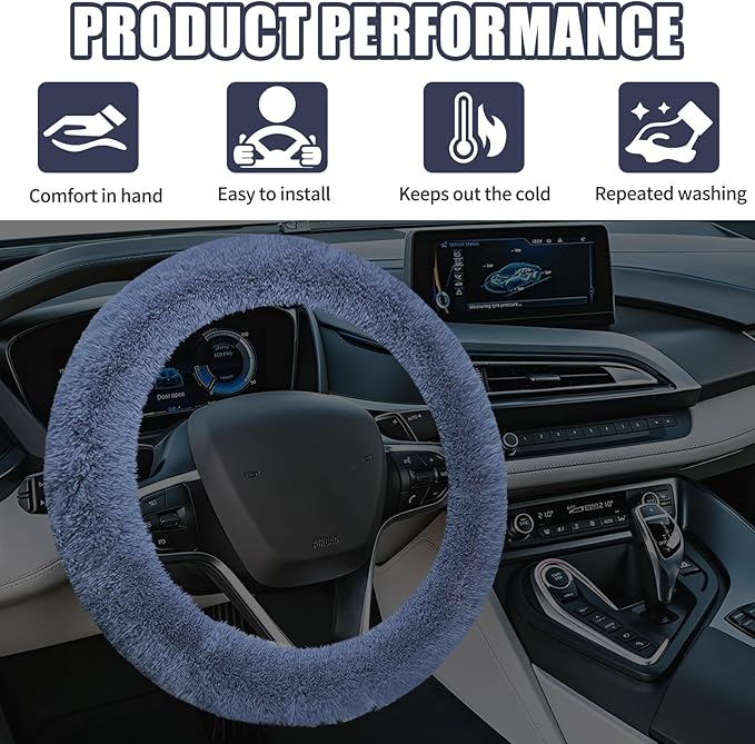 Wuyaoyao Fuzzy Car Steering Wheel Cover, 15'' Soft Auto Steering Wheel Protector for Warm Winter, Elastic Anti-Slip Fluffy Wheel Covers, Universal Car Accessories for Women and Men (Gray)