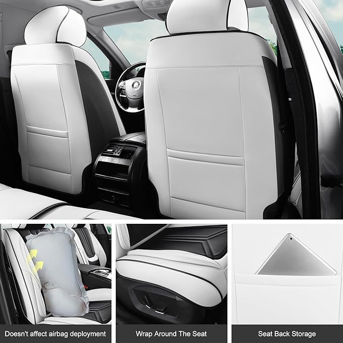 Car Seat Covers, Premium Leather Car Seat Covers, Waterproof and Breathable Seat Covers, Universal Car Seat Protector Fit for Cars, Trucks, SUVs, Pick-ups (Black & White, FullSet)
