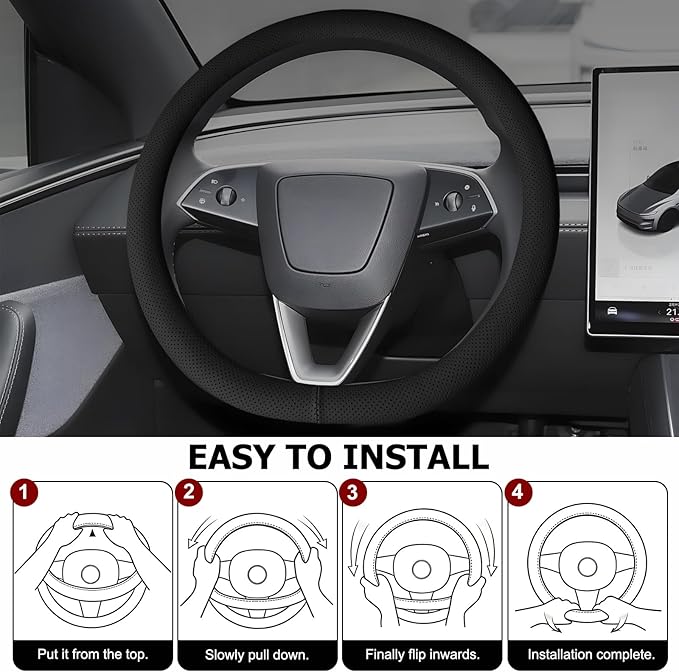 Microfiber Leather Universal 14.5-15 inch Steering Wheel Cover,Easy to Install Non-Slip Breathable Steering Wheel Protector Black